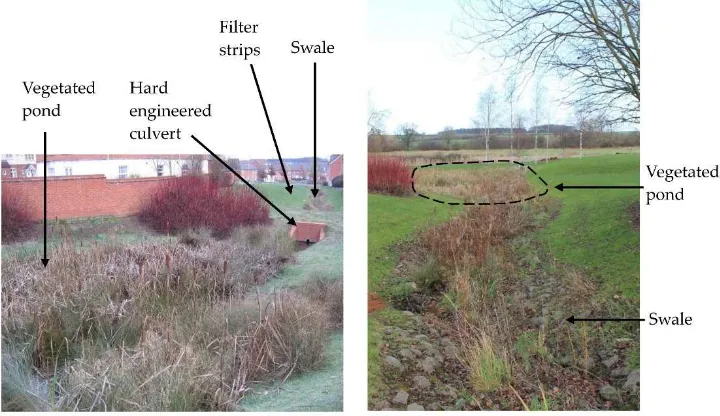 Figure 3. The SuDs management train in Hamilton, Leicester, UK—runoff is conveyed between a seriesof linked vegetated ponds by small swales, to the nearby watercourse.