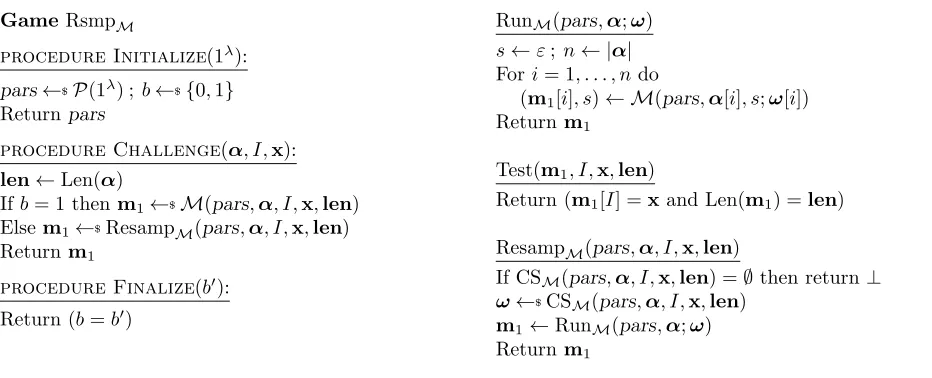 Figure 4: On the left is the game to deﬁne conditional resampling error for message sampler M