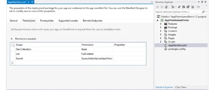 Figure	3-4.	App	permission	requests	are	made	by	using	the	manifest	designer	in	Visual	Studio.