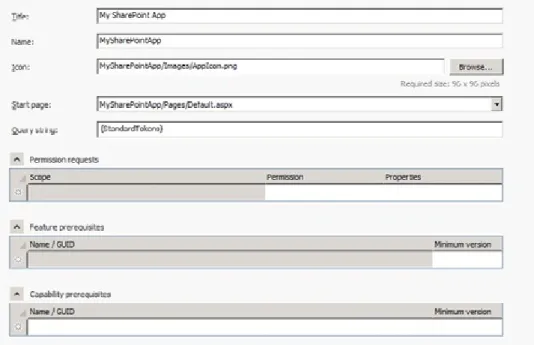 Figure	1-6.	Visual	Studio	2012	provides	a	visual	editor	to	edit	the	app	manifest. Setting	the	start	page	URL Every	app	has	a	start	page	whose	URL	must	be	configured	by	using	the	<StartPage>	element	within	the app	manifest.	The	SharePoint	host	environ