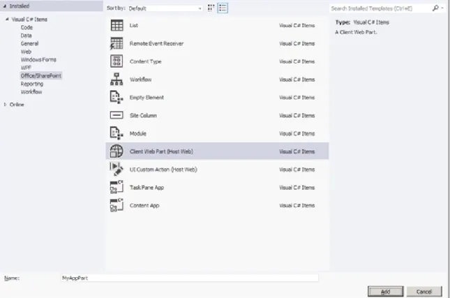 Figure	1-7.	The	Add	New	Item	dialog	provides	templates	for	adding	client	web	parts	and	UI	custom	actions	to	app	projects.