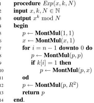 Fig. 1.Pseudo-code of the exponentiationgomery Multiplication. The operations in lines5, 6, and 12 transform the operands to Mont-gomery form and back, respectively, and theloop in lines 7–11 performs the actual expo-algorithm, where MontMul stands for Mont-nentiation.