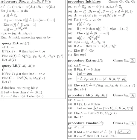 Figure 4: Adversary Bin procedures and the start of the game sequence. Game G1 includes the boxed statements Extract, LR, and Finalize while G0 does not.
