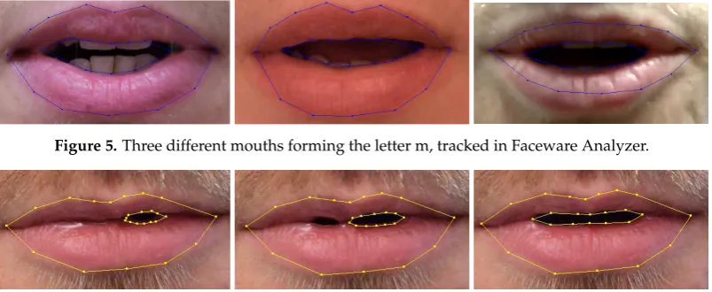 Figure 5. Three different mouths forming the letter m, tracked in Faceware Analyzer.