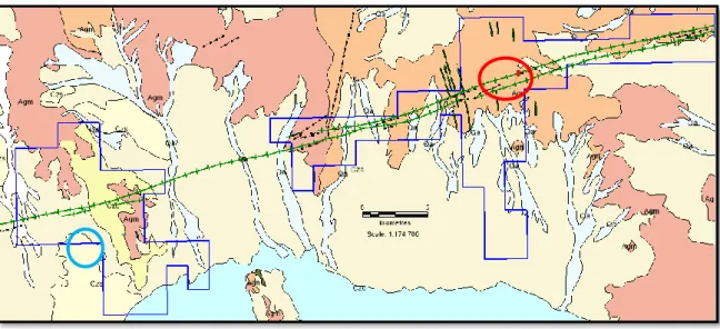 Figure 4: Location of samples showing high chrome results (Red Circle) while orogenic signatures  detected at Galah Well (Blue Circle) 