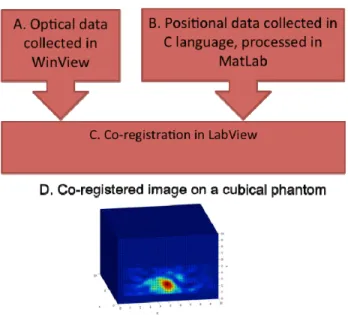 Figure 2.9 Graphical depiction of the co-registration software's function in (A) obtaining optical data from  WinView and (B) positional data from MatLab simultaneously