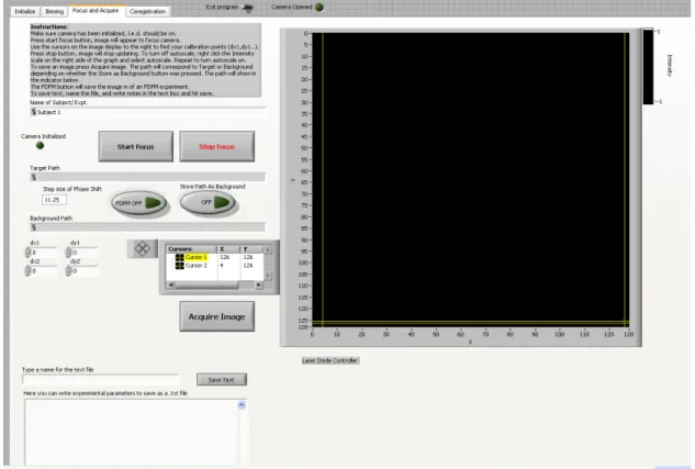 Figure 3.1 Graphical user interface of the new automated software. The focus window on the right shows  the raw image from the camera