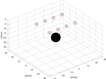 Figure  2.  Simulated  phantom  system.  Red  circles  and  blue  crosses  identify  sources  and  detectors,  respectively