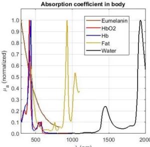 Figure 13. Normalized absorption coefficients of melanin, oxygenated  hemoglobin, deoxygenated hemoglobin, fat, and water in biological tissues