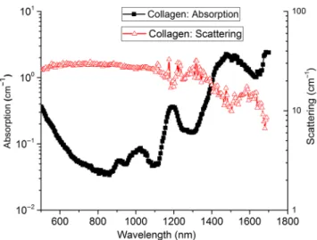 Fig. 2 Absorption (squares) and reduced scattering (triangles) spec- spec-trum of type I collagen.