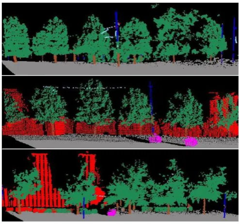Figure 2.16: Example results of 3D point cloud classiﬁcation [113] from VMR-Oakland-v2dataset using a sequence of hierarchical classiﬁers at different scales (region-wise and point-wise), grey = ground, light-red = building, brown = tree-trunk, dark-green = vegetation, pink= vehicle, dark-blue = pole, lightblue = wire [113].