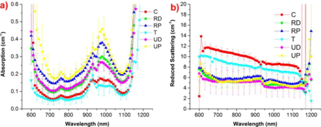 Fig 3. Average optical properties (absorption, reduced scattering co-efficient) at all 6 locations as measured by the bone protocol
