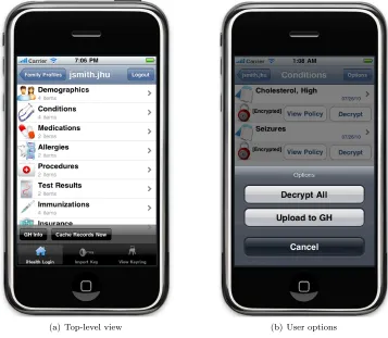 Figure 4: Views of a CCR on a our iHealthEMR iPhone application. (a) This view of the application showsthe top-level sections of a patient’s CCR