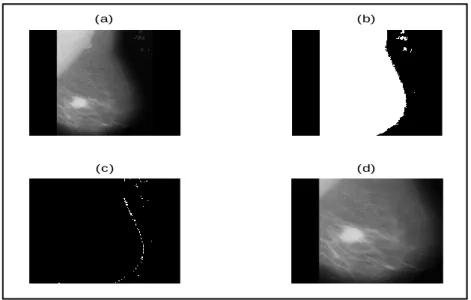 Figure 3.6  Image  Pre-processing  and  Image  Processing.  (a)  original  image,  (b)  BW image, (c) Sobel gradient of (b), (d) Cropped image based on Hough parameter