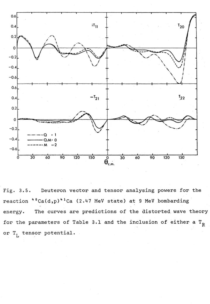 Fig.  3.5.  Deuteron  vector and  tensor analysing  powers  for the reaction  4°Ca(d,p)4*Ca  (2.47  MeV  state)  at  9  MeV  bombarding