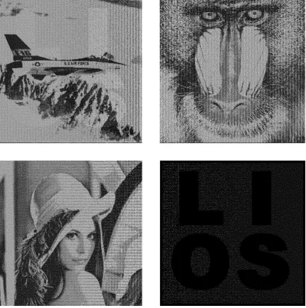 Figure 4: The shares and the recovered secret image of an embedded (3, 3)-EVCS after reducing