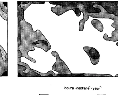 Fig. 4. Pattern of bedding (nighttime resting) predicted by the regression model. Nighttime resting was correlated with a dtflerent set offactors than akytime resting and thus had a dinerent distribution in space
