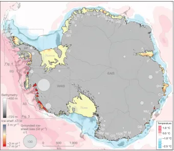 Figure 1.1: Seaward of the ice shelves, estimated average sea-ﬂoor potential temperatures (in oC)from the World Ocean Circulation Experiment Southern Ocean Atlas (pink to blue) are overlaidon continental-shelf bathymetry (in metres) (greyscale, landward of