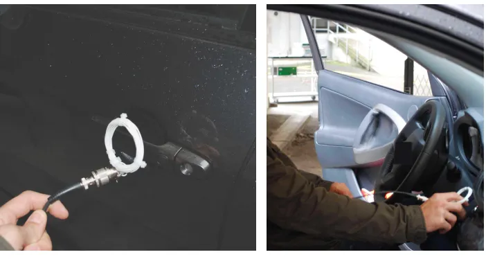 Figure 6. The relay attack in practice: (a) opening the door with the relay. (b) starting the car with therelay, in the foreground the attacker with the loop antenna starts the car, in the background the table(about 10 meters away) with the receiver side (