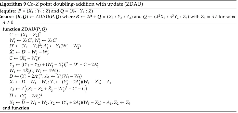 Table 1 summarizes the cost of diﬀerent types of addition and doubling-addition formulæ on elliptic curves.Each type of formula presents its own advantages depending on the coordinate system and the underlyingscalar multiplication algorithm
