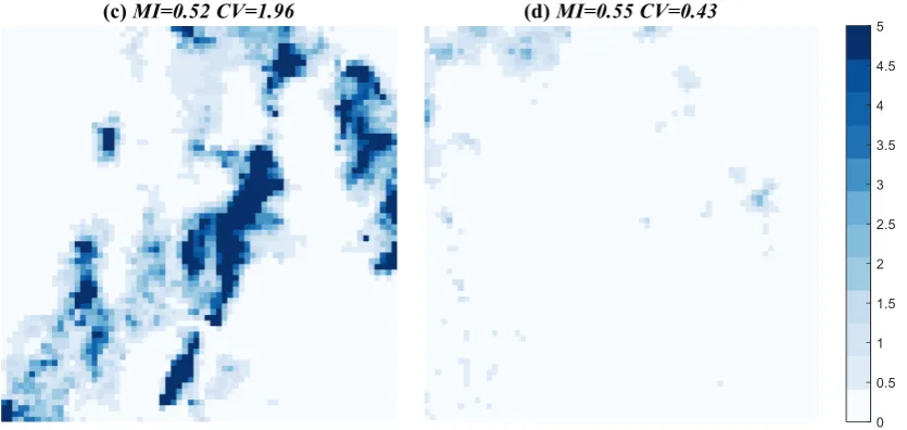 Figure 2. Radar rainfall (mm(/h) images for four events with diﬀerent spatial rainfall variability.a) MI = 0.95, CV = 1.15, (b) MI = 0.12, CV = 1.37, (c) MI = 0.52, CV = 1.96, (d) MI = 0.55, CV = 0.43.
