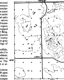 Fig. 2. Detailed map of Flint Butte and vicinity, showing location of mine, the grid sampling design for plants and soils