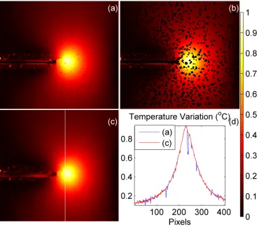 Figure 2.12: (a) Temperature variation around fatigue crack tip in Al2024 with speckle pattern emissivity effect; (b) Spot removal; (c) interpolated though spots (d) temperature variation along indicated vertical line before and after spot removal process 