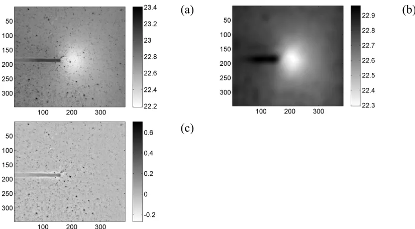Figure 2.9: Example filtering process to improve DIC tracking. (a) Raw image; (b) Low frequency content; (c) After subtracting low frequency content (Units: oC) 