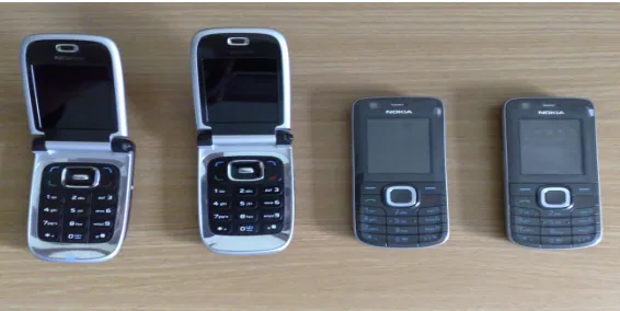 Fig. 2. Devices used in the relay attack – Device B (Nokia 6131 NFC), Proxy A (Nokia6131 NFC), Proxy B (Nokia 6212 Classic NFC) and Device A (Nokia 6212 ClassicNFC).