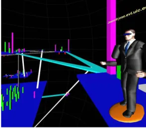 Figure 4.  A remote user immersed in  the VE investigating a visualization of a 