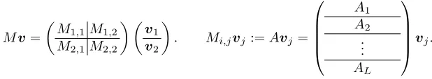 Fig. 3. Partitioning M into four matrices Mi,j and Mi,j into L matrices Aℓ.