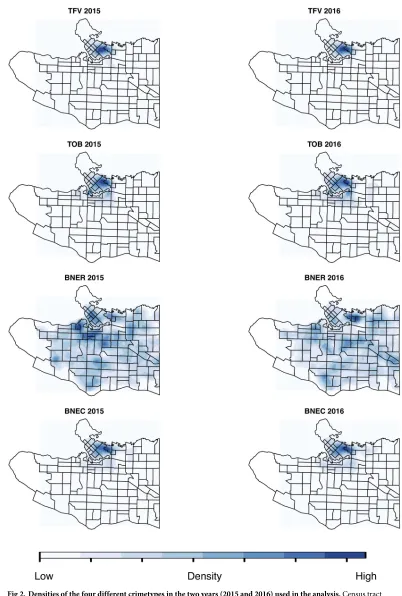 Fig 2. Densities of the four different crimetypes in the two years (2015 and 2016) used in the analysis