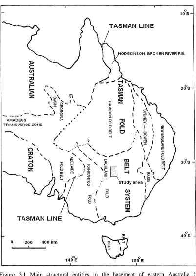 Figure 3.1 Main structural entities in the basement of eastern Australia (from Scheibner, 1999).