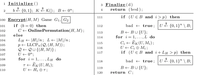 Fig. 9. Games G1 and G2 for the proof of Lemma 3. Game G2 contains the code in the box while G1 does not.