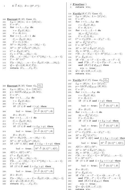 Fig. 10. Games G1-G3 for the proof of Lemma 4. Game G3 contains the code in the box while G2 does not.