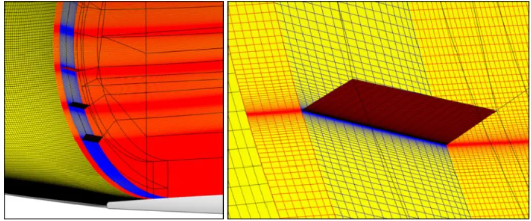 Figure 7.  Structured, multi-block, surface grid about the vane-type vortex  generators within the STEX inlet