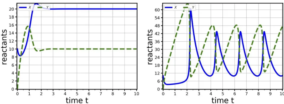 Fig 3. Numerical integration of the Brusselator equations. The Brusselator equations ([dynamics according to the parameter values selected