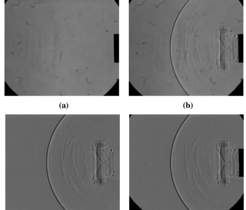 Figure 5. Background image subtraction and object area restoration of a shadowgraph image (Δt =  144 µs): (a) background image; (b) shadowgraph image; (c) background image subtraction; (d) object 
