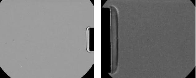 Figure 4.6 Shadowgraph images from the open end of the circular shock tube using different lenses  (a) shadowgraph image for flow structure visualization; (b) shadowgraph image for shock Mach 