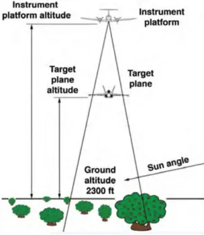 Figure 3.15 NASA air-to-air BOS system for a supersonic jet flying over the Mojave Desert: (a)  natural background; (b) fly image; (c) result by cross-correlation, dy; (d) result by optical flow, dy 