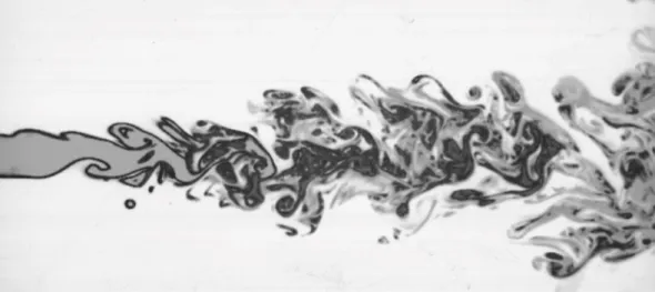 Figure 2.1: Two-dimensional image of an axisymmetric water jet, obtained by the laser- laser-induced ﬂuorescence technique