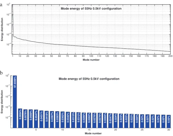 Fig. 20 shows the first five modes issued by the POD of the measured velocity field. The first mode, corresponding to the time average of the velocity and of the resulting vorticity, features an energy content of 97 
