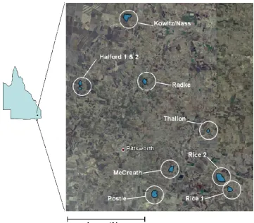 Fig. 3.3. Map of study area in southern Queensland. Each blue polygon is a sampling site of three core 