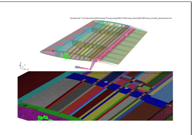 Figure 0.10 The Finite Element Model of the MDO 505 wing – global view and close-up  0.3.9  Optistruct Structural solver 