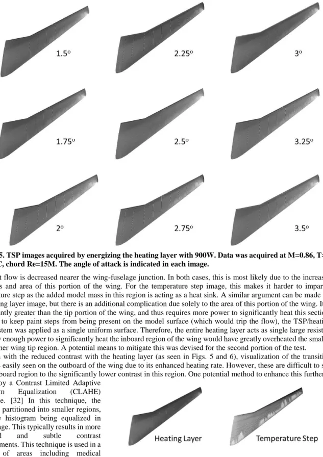 Fig. 5. TSP images acquired by energizing the heating layer with 900W. Data was acquired at M=0.86, T=- T=-45  o C, chord Re=15M