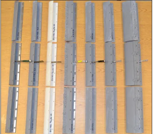 Figure 2.5: All Test RPM Ice Shapes.  From left to right: ED1974 roughness, ED1983  roughness (SLA), ED1983 roughness (PJ), ED1978 horn, ED1966 streamwise, ED1977 
