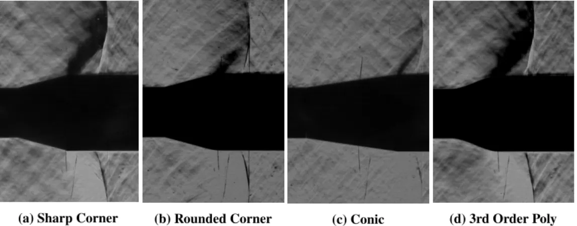 Fig. 11 Comparison of USA Trade Study geometries using high speed schlieren obtained at the MSFC TWT.