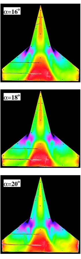Figure 19.  Effect of angle of attack on the PSP ratioed images with baseline fillet at  M ∞ = 0.70 