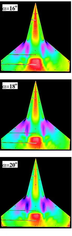 Figure 22.  Effect of angle of attack on the PSP ratioed images with baseline fillet at  M ∞ = 0.85 