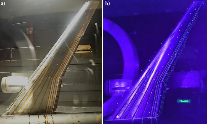Fig. 6. Tuft strips applied on the CRM-HL model under, a) standard, and b) UV lights. 